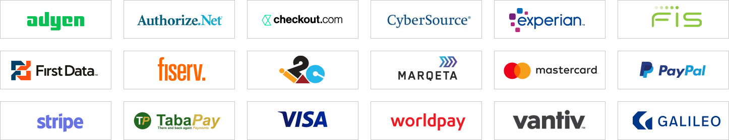 Logos of Adyen, Authorize.net, Checkout.com, Cybersource, Experian, FIS, FirstData, Fiserv, i2C, Marqueta, Mastercard, PayPal, Stripe, TabaPay, Visa, Worldpay, Vantiv, and galileo.
